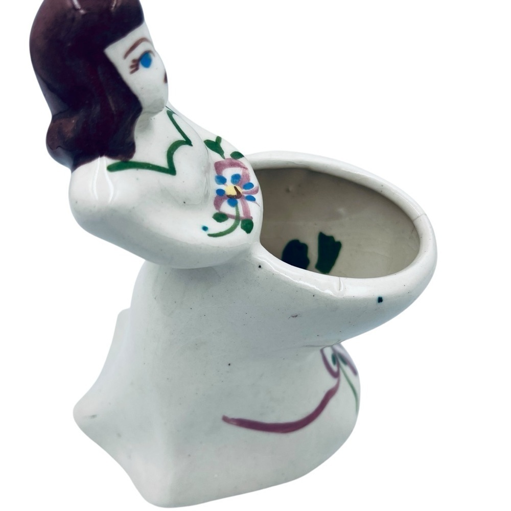 Vintage Lady Planter Brunette Hand-Painted Ceramic Retro Kitsch Crazing - Picture 11 of 16